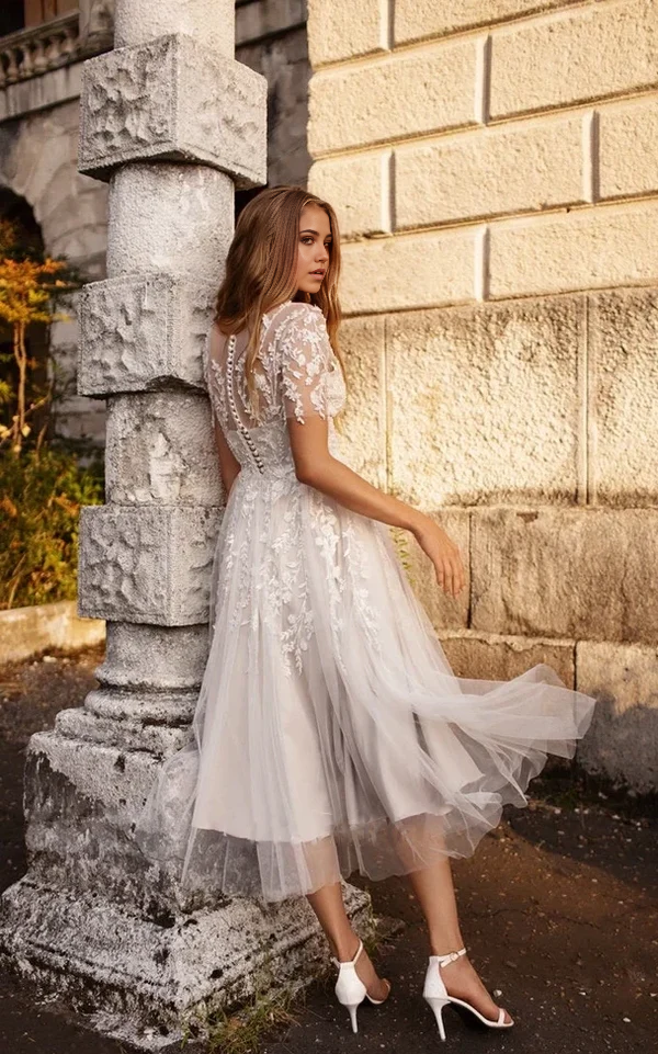Wholesa A-Line V-Neck Tea Length Sleeves Ethereal Button Back Wedding Dress